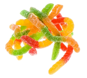 Kervan Sour Worms are gummy candy in pink yellow red and orange