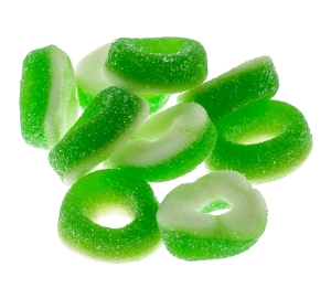 Kervan Apple Rings are Gummy fruity sour candy in green and white