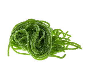 Gustaf's Sour Apple Laces licorice candy in green