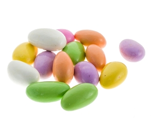 Jordan Almonds Assorted candy in pastel colors of purple yellow white and mint green