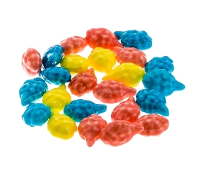 Cotton Candy hard coated candy in red blue and yellow made with dextrose