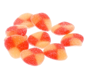 Haribo Gummi Peaches  are peach flavored gummy candy in red and yellow.