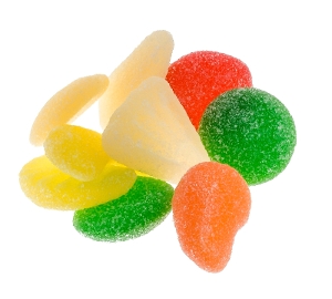 Haribo Gummi Fruit Salad  is fruit flavored gummy candy in green orange white and red