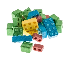 Candy Blox  novelty toy candy in yellow blue green pink made with dextrose