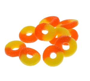 Albanese Passionate Peach Gummi Rings  are gummy fruit flavored candy